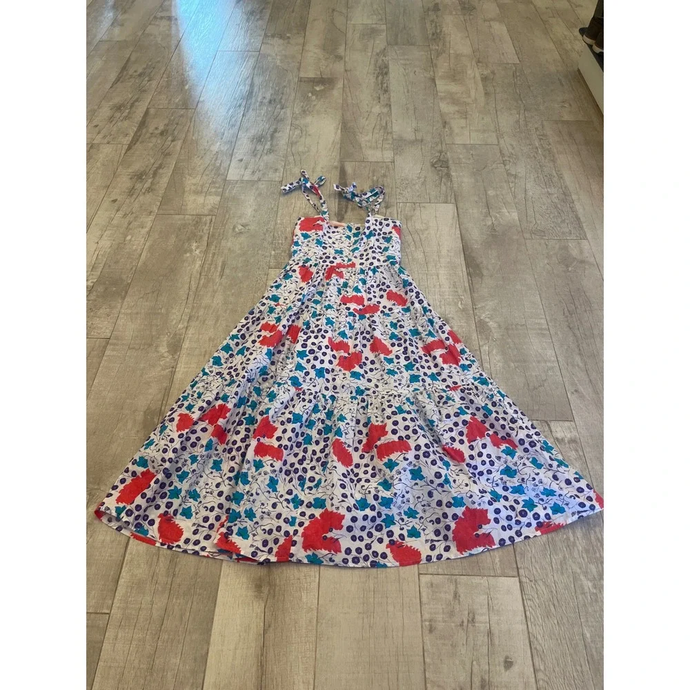 Oliphant Womens Floral Block Print Tiered Maxi Dress Tie Shoulder Red Purple S